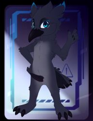 2023 3_claws 3_toes 4_claws 4_fingers anthro avian beak biped bird black_beak black_body black_claws black_penis black_tail blue_eyes blue_markings claws corvid corvus_(genus) digital_drawing_(artwork) digital_media_(artwork) facial_markings feathers feet finger_claws fingers flox front_view genitals head_markings hi_res looking_at_viewer male male_anthro markings meraence nude nude_anthro nude_male oscine passerine penile_spines penis raven solo standing tail tail_feathers tapering_penis toes