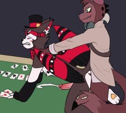 all_fours anal anal_orgasm anal_penetration anthro blush bodily_fluids bottomless bottomless_anthro bottomless_male bow_tie butt canid canine card clenched_teeth clothed clothing cum cum_while_penetrated cumshot demon digital_media_(artwork) domestic_cat duo ejaculation erection eyes_closed feet felid feline felis from_behind_position from_front_position fur furniture genital_fluids genitals hands-free hat hazbin_hotel headgear headwear hellaverse hi_res humanoid_genitalia humanoid_penis husk_(hazbin_hotel) living_tail male male/male male_penetrated male_penetrating male_penetrating_male mammal nude on_table orgasm penetration penile penile_penetration penis playing_card poker_table sex smile standing standing_sex table tail teeth thunderlewd toes top_hat topwear unusual_anatomy unusual_tail wings