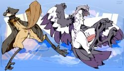 7:4 abstract_background absurd_res anthro anus avian avian_feet beak bird birdie_(canadabirdie) birdpathy black-capped_chickadee blush chastity_cage chastity_device chickadee claws collar duo erection feathers genitals great_grey_shrike hi_res legband legs_up looking_at_viewer looking_back looking_back_at_viewer male open_mouth oscine passerine penis pinup pose presenting presenting_anus purple_chastity_cage raised_tail spread_wings stercore_murum tail tail_feathers tapering_penis tit_(bird) white_body wing_claws wings