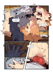 5_fingers altair_(patto) anal anal_penetration animal_genitalia animal_penis anthro anthro_on_anthro anthro_penetrated anthro_penetrating anthro_penetrating_anthro anus balls black_nose butt canid canine canine_genitalia canine_penis canis claws comic dialogue duo english_text facial_scar fangs finger_claws fingers fur furniture genitals grey_body grey_fur hi_res humanoid_hands knot knotted_penis luca_(patto) lying lying_on_table male male/male male_penetrated male_penetrating male_penetrating_male mammal muscular muscular_anthro muscular_male mythological_canine mythological_creature mythology nude nude_anthro nude_male on_back on_table patto penetration penile penile_penetration penis penis_in_ass pink_nose scar sex table tail tan_body tan_fur teeth text werecanid werecanine werecreature werewolf white_body white_fur wolf