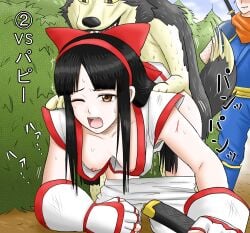 1boy 1girls ainu_clothes all_fours bent_over big_breasts black_hair blonde_hair breasts brown_eyes busty clothes_pull defeat defeated defeated_heroine dirty dirty_clothes dog doggy_style evil_smile female fingerless_gloves galford_d_weller gloves hair_ribbon half-closed_eye hanging_breasts harukai-i highres injury japanese_text large_breasts legs long_hair male moaning nakoruru nipples one_eye_closed open_mouth pants pants_pull poppy_(samurai_shadown) pussy_juice_drip ribbon samurai_shodown scarf sex sex_from_behind shaded_face short_hair smile snk sweat teeth thighs tongue translated voluptuous weapon