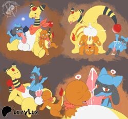 absurd_res ampharos anal anal_penetration anthro balls blush bodily_fluids charmander cum digital_media_(artwork) erection feral generation_1_pokemon generation_2_pokemon generation_4_pokemon genital_fluids genitals group heart_eyes heart_symbol hi_res knot lxzylux male male/male male_feral male_penetrated male_penetrating male_penetrating_male nintendo oral orange_body penetration penis pokemon pokemon_(species) riolu scarf sex simple_background size_difference tail trio yellow_body