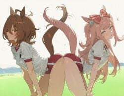 2girls agnes_digital_(umamusume) agnes_tachyon_(umamusume) ai_generated animal_ears ass bangs big_ass blush breasts brown_hair buruma gym_uniform long_hair multiple_girls shirt short_sleeves tail umamusume wet white_shirt