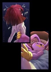 absurd_res anthro bed blush bodily_fluids breasts clothed clothing english_text female female_on_top furniture glitch_productions gloves handwear hi_res holding_waist human jax_(tadc) lagomorph leporid lying male mammal nipples nude on_back on_top pillow pomni_(tadc) purple_body rabbit sex shake_lines small_breasts steam straddling sweat text the_amazing_digital_circus topless zimfy
