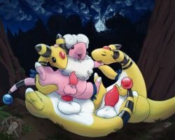 2026 absurd_res ampharos anal anal_penetration balls blue_kerchief blue_neckerchief blush blush_lines body_stripes cliffs cloud colored ear_stripes erection feet feral flaaffy flipper_hands fur generation_2_pokemon genitals glistening group hi_res kerchief licking licking_arm male male/male markings moon neckerchief neckwear night nintendo open_mouth open_smile penetration penile penile_penetration penis penis_in_ass pink_body plant pokemon pokemon_(species) rock sitting sky skyscape smile star stormdragonblue striped_markings striped_tail stripes tail tail_markings tapering_penis tongue tongue_out tree trio white_body white_fur white_wool wool_(fur) wrinkled_feet wrinkles yellow_body