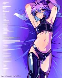 bulge femboy feminine_male latex latex_thighhighs multicolored_hair pigtails pinup purple_hair sammyjam woomi_(sammyjam) zipper