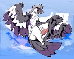 5:4 abstract_background absurd_res anthro avian_feet beak birdpathy claws erection feathers genitals great_grey_shrike hi_res legs_up looking_at_viewer male open_mouth penis pinup pose solo spread_wings stercore_murum tail tail_feathers tapering_penis white_body wing_claws wings