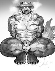 anthro balls bodily_fluids breath canid canine canis chastity_cage chastity_device crouching dripping drooling flat_chastity_cage front_view genital_fluids genitals hands_behind_back hi_res hudifeiren male male_peeing mammal monochrome nude obscured_eyes panting peeing penis penis_on_face saliva saliva_drip saliva_string simple_background solo sweat tongue tongue_out urine urine_stream vein veiny_muscles wolf