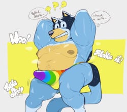 2026 anthro areola australian_cattle_dog bandit_heeler biped blue_body bluey_(series) body_hair canid canine canis cattledog chest_hair clothed clothed_anthro clothed_male clothing digital_media_(artwork) domestic_dog english_text erection erection_under_clothing eyebrows hands_behind_head herding_dog lgbt_pride lgbt_pride_month looking_at_viewer male male_anthro mammal multicolored_clothing multicolored_thong multicolored_underwear musclegut muscular navel nipples overweight overweight_anthro overweight_male pastoral_dog pride_color_clothing pride_color_thong pride_color_underwear pride_colors question_mark rainbow_clothing rainbow_pride_clothing rainbow_pride_colors rainbow_thong rainbow_underwear raised_inner_eyebrows snail_trail solo speech_bubble standing submarine_screw tenting text thong topless topless_anthro topless_male underwear underwear_only