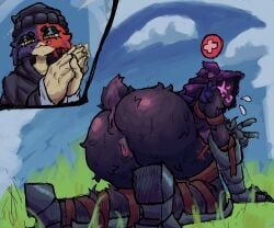 6:5 absurd_res anthro anus bear big_butt bodily_fluids butt duo epic_games felid feline female female/female fortnite fur genitals hi_res hood mammal meow_skulls presenting presenting_hindquarters purple_body purple_fur raven_team_leader smile smirk sweat tail vulva yuann0o0