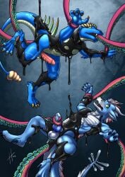 abs anal anal_penetration anthro athletic athletic_anthro athletic_male balls black_latex blue_body blue_penis dragon duo erection fangs genitals glistening glistening_eyes green_eyes hi_res horn hufnaar knot latex liquid_latex male male_anthro mythological_creature mythological_scalie mythology oral oral_penetration penetration penis questionable_consent red_penis ridged_penis scalie simple_background teeth tentacle_around_leg tentacle_around_penis tentacle_in_ass tentacle_in_mouth tentacle_penetration tentacles white_balls white_body white_horn yellow_balls yellow_body yellow_eyes