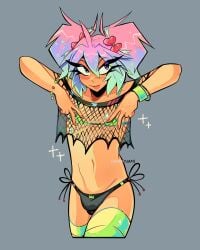bikini bikini_on_male bulge bulge_under_clothes femboy femboy_only feminine_male multicolored_hair pigtails pink_hair pinup sammyjam sheer_clothing sheer_top simple_background swimsuit thighhighs tongue_out woomi_(sammyjam)
