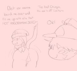 angoramon anthro anus backsack balls bandai_namco beanie belly brat_taming butt clothing digimon digimon_(species) duo english_text genitals hair hair_over_eyes hat headgear headwear hi_res impmon lxzylux male male/male overweight presenting presenting_anus spade_tail tail text