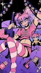 crop_top femboy femboy_only feminine_male gun large_gun legs makeup_kit merchandise multicolored_hair on_bed pigtails pink_clothing pinup pistol plushie programming_socks purple_hair sammyjam scar short_shorts striped_legwear striped_thighhighs thighhighs thighs tongue_out woomi_(sammyjam)
