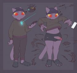 2026 4_toes 5_fingers anthro beanie belly biped black_beanie black_bottomwear black_clothing black_footwear black_hat black_headwear black_pants black_shoes black_underwear body_transformation border bottomwear butt cheek_tuft claws clothed clothing colored confusion crocs curvy_figure cute_fangs digital_drawing_(artwork) digital_media_(artwork) domestic_cat electronics erection exclamation_point eyebrows facial_tuft fangs feet felid feline felis fingers flat_colors footwear front_view fully_clothed fur furgonomic_headwear furgonomics gameplay_mechanics garry's_mod genitals glans grey_background grey_border grey_clothing grey_sweater grey_topwear hat headgear headwear hi_res holding_object holding_phone humanoid_genitalia humanoid_penis k1ko k1ko_(character) long_tail male mammal monotone_body monotone_fur nails navel open_mouth pants pawpads penis penis_through_underwear phone pupils purple_body purple_claws purple_fur purple_pawpads purple_tail question_mark ranged_weapon red_eyes sequence shirt shocked shoes simple_background slightly_chubby slightly_chubby_anthro slightly_chubby_male slit_pupils solo standing sweater tail teeth thick_thighs toenails toes tool_gun topwear torn_clothing torn_underwear transformation tuft underwear weapon weight_gain yellow_sclera