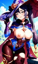 1girls ai_assisted ai_generated bare_breasts black_gloves blue_hair blue_leotard blush bodystocking breasts breasts_out capelet choker closed_mouth day detached_sleeves earrings eyebrows eyelashes eyeliner eyeshadow fur_collar genshin_impact gloves gold_trim green_eyes hat hat_ornament hi_res highleg highleg_leotard hourglass_figure jewelry large_breasts leaning_forward leotard lips lipstick long_eyelashes long_hair looking_at_viewer makeup mascara medium_breasts mona_(genshin_impact) narrow_waist nipples outdoors pantyhose petite petite_body petite_female pink_nipples purple_hair realistic shiny_skin sky smile solo sparkle_print star_earrings thigh_gap thighlet thighs torn_clothes torn_pantyhose twintails waifufamily wide_hips witch_hat