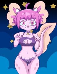 adorable anthro axolotl axolotl_girl bell bra breasts cat_ears collar cute female_only freckles hi_res lingerie long_tail neckline panties philelmago pink_body pink_eyes pink_hair signature solo_female stars thick_thighs vitzy_(vitzypie)