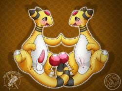 4:3 absurd_res ampharos anus artpack balls bodily_fluids duo erection eye_contact female feral generation_2_pokemon genital_fluids genitals hi_res jakuya_art looking_at_another male male/female male_feral mammal nintendo open_mouth penis pokemon pokemon_(species) precum red_gem_in_body simple_background spreading tail tongue tongue_out vaginal_fluids vulva yellow_body