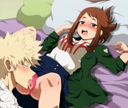 1boy 1girls bed_sheet bedroom blush breasts clothed_sex cunnilingus highres katsuki_bakugou lying my_hero_academia ochako_uraraka on_back on_bed panties panties_aside pussy queen-zelda sex straight tongue tongue_out underwear vaginal_penetration