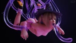1girl 3d absurdres artist_name black_background blonde_hair blue_eyes breasts commentary dead_or_alive dead_or_alive_6 english_commentary grabbed_by_tentacles halloween halloween_costume hat highres marie_rose open_mouth small_breasts snowkitsunesden tentacle_in_mouth tentacle_sex tentacles witch_hat