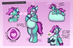 2026 ambiguous_gender anthro avian belly belly_squish blush comment distressed english_text european_mythology eyewear feral goggles greek_mythology hasbro hi_res hippogriff joy_(krd) krd my_little_pony mythological_avian mythological_creature mythology nude pseudo_pregnancy solo squish standing sticker text transformation