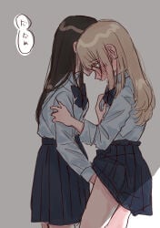 2girls absurdres black_bow black_bowtie black_skirt blush bow bowtie brown_hair clothes_lift collared_shirt commentary fingering grabbing_another's_breast grey_shirt groping hand_on_another's_arm highres ienekkkkko long_hair long_sleeves multiple_girls original pleated_skirt shirt skirt skirt_lift speech_bubble sweatdrop translation_request yuri