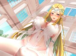 1girl absurdres armlet blonde_hair blue_eyes blush breasts bukkake circlet covered_navel covered_nipples cum cum_on_body cum_on_clothes elf european_architecture grabbing_own_breast highres jewelry kaerunoashi large_breasts long_hair looking_at_viewer open_mouth original panties parted_hair pointy_ears queen revealing_clothes see-through_clothes silver_armlet silver_circlet sitting underwear voice_drama_available white_panties