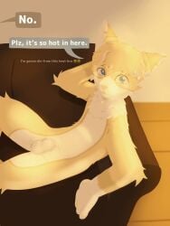 3:4 animal_genitalia anthro begging bodily_fluids domestic_cat english_text felid feline felis genitals heat_(temperature) hi_res male male/male mammal nude nude_anthro sheath sitting solo sweat taytaytaylor text