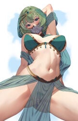 1girl :o absurdres akihiro0920 arabian_clothes arm_up bar_censor belly_dancing blush bra breasts censored commentary_request commission dancer female_pubic_hair gem green_bra green_eyes green_hair green_sarong hair_between_eyes hair_ornament highres idolmaster idolmaster_cinderella_girls looking_at_viewer medium_breasts mole mole_under_eye navel no_panties open_mouth pixiv_commission pubic_hair pussy sarong short_hair simple_background solo standing sweat takagaki_kaede thighs underwear variant_set white_background