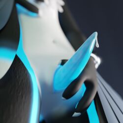 1:1 3d_(artwork) absurd_res anthro avali avian blender_(artwork) blue_penis bodily_fluids crotch_shot cum digital_media_(artwork) feathers genital_fluids genitals glowing hi_res holding_penis kodai_(locoroo) leaking_cum locoroo male navel penis precum simple_background solo tapering_penis