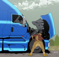 2026 anthro artdecade backsack balls bent_over big_butt bottomless bottomless_anthro bottomless_male butt canid canine canis clothed clothing cloud day detailed_background dirt flower footwear fur genitals grass heavy_truck male mammal outside plant presenting presenting_hindquarters rear_view repair road semi-trailer_truck shirt shoes sky socks solo standing text thick_thighs topwear tree truck tuft uneven_balls url vehicle