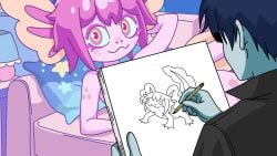 anthro axolotl axolotl_girl bedroom canvas censored color drawing freckles hi_res lamp looking_at_viewer lying_down original_character pencil philelmago pillow pink_body pink_eyes pink_hair signature sofa vitzy_(vitzypie)