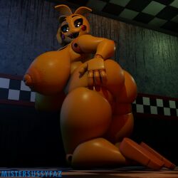 1:1 3d_(artwork) absurd_res animatronic anthro avian bent_legs big_breasts big_butt big_nipples bird breasts butt chicken digital_media_(artwork) female five_nights_at_freddy's five_nights_at_freddy's_2 galliform glistening glistening_body hand_on_butt hi_res kneeling looking_at_viewer looking_back looking_pleasured machine mistersussyfaz nipples nude phasianid presenting robot scott_cawthon scottgames seductive solo toy_chica_(fnaf) yellow_body