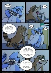 2026 added_anatomy anthro avian balls bed bird blue_jay blush blush_lines bodily_fluids breath cartoon_network comic corvid dialogue duo english_text erection fudatsu furniture genitals hi_res jay_(bird) male male/male mammal mordecai_(regular_show) nervous nervous_sweat new_world_jay nude_anthro nude_male on_bed oscine panting passerine paws penis pillow procyonid raccoon regular_show rigby_(regular_show) saliva saliva_on_penis saliva_string smug_grin speech_bubble sweat text tongue tongue_out