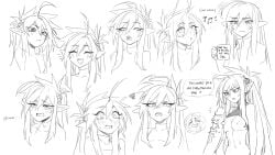 1boy 1girl absurdres ahoge akai_(less) beard breasts commentary english_commentary english_text facial_hair femdom greyscale hair_between_eyes haohi_(less) hetero highres horns huge_penis less lineart medium_breasts monochrome musical_note navel nipples open_mouth original penis pointy_ears ponytail smile teeth tongue