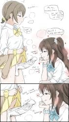 ... 2girls absurdres aroused blue_scrunchie blush bow bowtie brown_cardigan brown_hair cardigan cardigan_around_waist clothes_around_waist clothes_lift commentary english_text erection futanari gyarugasaki hair_ornament hair_scrunchie hand_on_own_chin heart highres imminent_fellatio large_penis licking_lips lifting_own_clothes long_hair looking_at_another looking_at_penis love_live! love_live!_nijigasaki_high_school_idol_club multiple_girls nakasu_kasumi official_alternate_costume official_alternate_hairstyle one_side_up osaka_shizuku penis ponytail precum scrunchie shizuwonderland short_ponytail skirt skirt_lift smile speech_bubble spoken_heart sweat testicles thought_bubble tongue tongue_out untranslatable_commentary veins veiny_penis white_background wrist_scrunchie yellow_bow yellow_bowtie yellow_scrunchie yellow_skirt