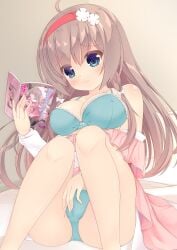 1girl absurdres ahoge aqua_bra aqua_panties bare_shoulders between_legs blue_bra blue_panties blush book bow bow_bra bra braid breasts brown_hair closed_mouth clothes_lift clothes_pull colored_eyelashes commentary content_rating dress dress_lift dress_pull eyes_visible_through_hair feet_out_of_frame female_masturbation fingering fingering_through_clothes flower frilled_bra frills furrowed_brow hair_between_eyes hair_bow hair_flower hair_ornament hairband hand_between_own_legs highres holding holding_book indoors knees_together_feet_apart knees_up large_breasts long_hair long_sleeves masturbation misu_t_(ccc) official_alternate_costume official_alternate_hairstyle on_bed open_book panties pink_dress pornography reading red_hairband sanoba_witch shiiba_tsumugi sidelocks sitting solo straight_hair tareme through_clothes twin_braids two-tone_dress underwear very_long_hair wavy_mouth white_bow white_dress white_flower