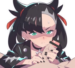 1boy 1girl absurdres asymmetrical_bangs bar_censor black_collar black_hair black_jacket black_nails blush censored chinese_commentary closed_mouth clothed_female_nude_male collar collarbone commentary_request eyelashes green_eyes hair_ribbon handjob hetero highres jacket kuxiaopa marnie_(pokemon) nail_polish nude open_clothes open_jacket penis pokemon pokemon_sword_and_shield red_ribbon ribbon simple_background sweat twintails white_background