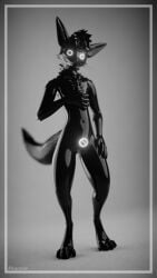 3d_(artwork) 4k 9:16 absurd_res anthro blender_(artwork) digital_media_(artwork) glistening glistening_body hi_res latex locoroo male monochrome navel nude null null_bulge rexouium simple_background solo standing visor