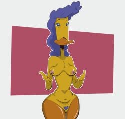 2024 anatid anseriform anthro avian beak beverly_glenn_hufnagel_(duckman) bird blue_hair blue_pubes breasts duck duckman female front_view hair hi_res jodero looking_at_viewer nipples non-mammal_breasts non-mammal_nipples nude nude_female portrait pubes solo three-quarter_portrait yellow_body