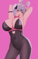 animal_ears arm_up armpits breasts cyka female from_below girls'_frontline hair_ornament hairband highres huge_breasts leotard looking_at_viewer open_mouth pantyhose playboy_bunny pole purple_eyes rabbit_ears rabbit_hole_(vocaloid) rpk-16_(girls'_frontline) short_hair simple_background smile teardrop_tattoo twintails underboob x_hair_ornament