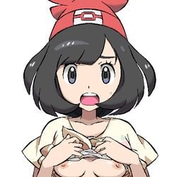 1girls bangs beanie black_hair blue_eyes bra bra_lift breasts female floral_print gomatarou hands_on_own_chest hat human human_only looking_at_viewer lowres nintendo nipples open_mouth pointy_chin pokemon pokemon_sm red_hat selene_(pokemon) shirt shirt_lift short_hair short_sleeves small_breasts solo sweat swept_bangs t-shirt underwear upper_body white_bra