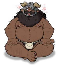 2024 alternate_species anthro armor asian_clothing bear beard belly big_belly campfire_donut clothing delicious_in_dungeon dungeon_meshi east_asian_clothing facial_hair fundoshi headgear helmet hi_res japanese_clothing male mammal moobs moustache navel nipples overweight overweight_male senshi_(dungeon_meshi) sitting solo solo_male tail tail_motion tailwag underwear white_clothing white_fundoshi white_underwear