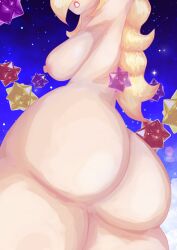 1girls ass back_view big_ass big_breasts big_butt blonde_hair breasts female female_focus female_only hair_over_one_eye mario_(series) nintendo nipples nude princess_rosalina solo standing star_bits super_mario_galaxy