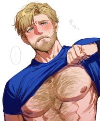 ... 1boy 2024 abs alternate_body_hair alternate_facial_hair bara beard big_nipples blonde_hair blue_shirt blush body_hair chest_hair closed_mouth clothes_lift crazy_kinoko dutch_angle facial_hair green_eyes hairy hairy_chest hairy_male hi_res highres large_pectorals lewis_smith lifted_by_self looking_at_viewer male male_focus male_nipples male_only manly masculine muscular muscular_male mustache nipples pecs pectorals shirt shirt_lift showing_pecs sideburns simple_background sketch solo solo_male spoken_ellipsis sweatdrop thick_chest_hair upper_body white_background yuuki_bakuhatsu_bang_bravern