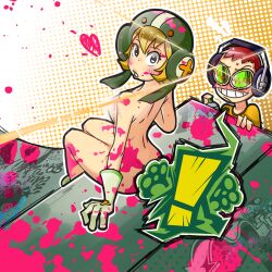 1boy 1girls beat_(jsr) blonde_hair blush bodypaint casual exposed_torso female footwear gum_(jsr) handwear headwear helmet human jet_set_radio kupomoty nude pale_skin sega