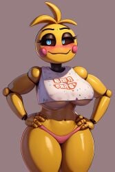 1robot_girl ai_generated blue_eyes cleavage five_nights_at_freddy's looking_at_viewer metal_breasts no_bra robot_humanoid roger1011 toy_chica_(fnaf)