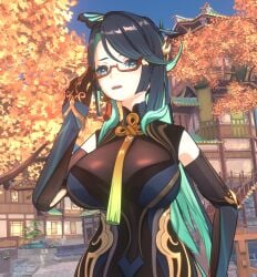 1girls 3d 3d_(artwork) alternate_costume big_breasts blender blender_(software) breasts cloud_retainer_(genshin_impact) female female_only genshin_impact girl glasses green high_ponytail hoyoverse human_form large_breasts long_hair looking_at_viewer mihoyo not_porn ponytail red_glasses solo wasarky xianyun_(genshin_impact)