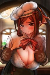 1girls apron blush bow bow_bra breasts brown_eyes brown_hair chef_hat chocolat_(crusaders_quest) cleavage crusaders_quest dafuyu drooling embarrassed huge_breasts large_breasts looking_at_viewer mole_on_breast oven_mitts ponytail sweat unbuttoned white_bra