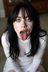 ai_generated bangs based_on_a_real_person big_breasts billie_eilish black_hair celebrity cum_on_face eyelashes eyeliner facial joyboyai long_hair looking_at_viewer makeup musician singer tagme